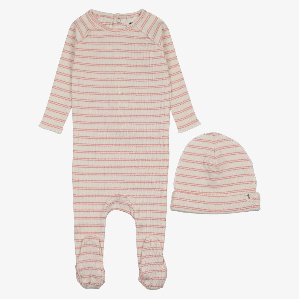 Rib Stripe Footie And Beanie - Pale Pink