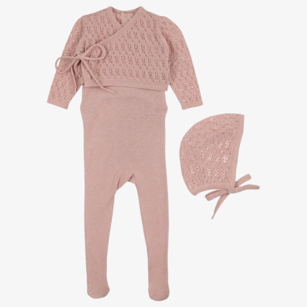 Knit Footie With Cardigan And Bonnet - Peach Dust