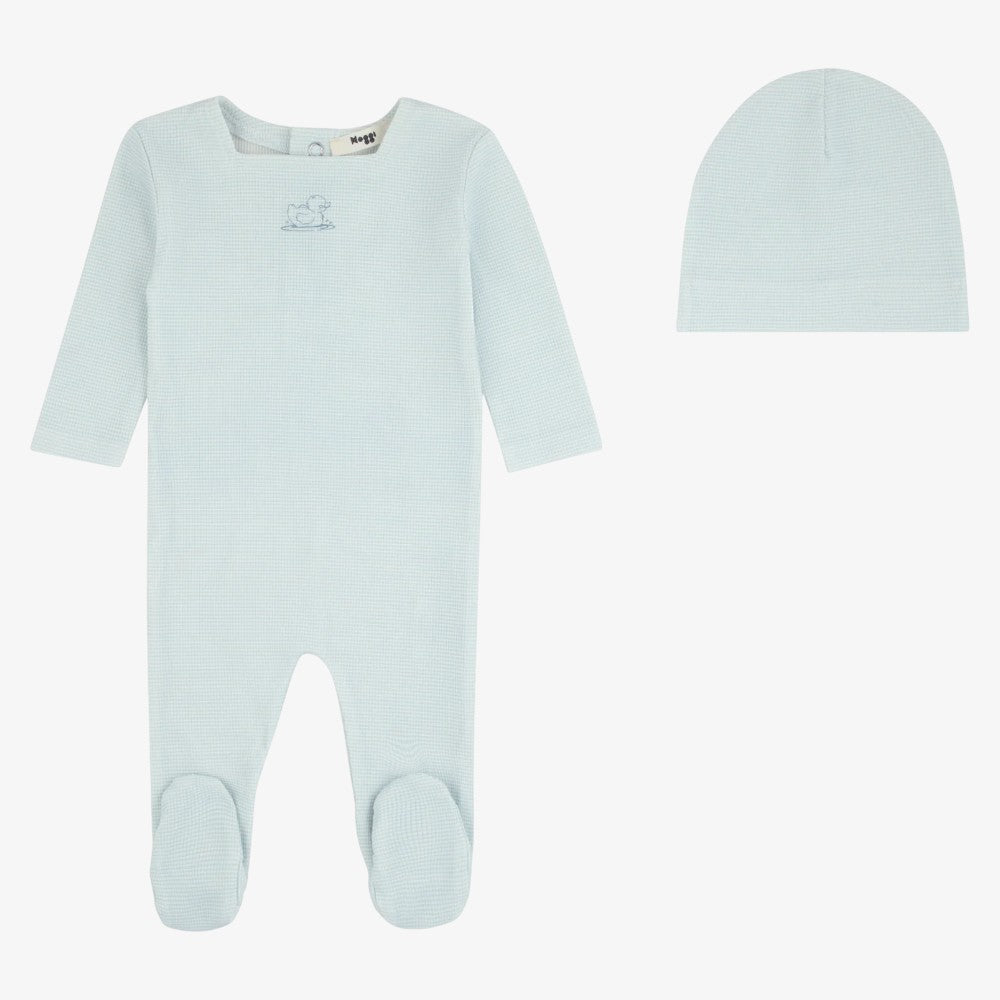 Striped Ducky Footie And Hat - Dusty Blue