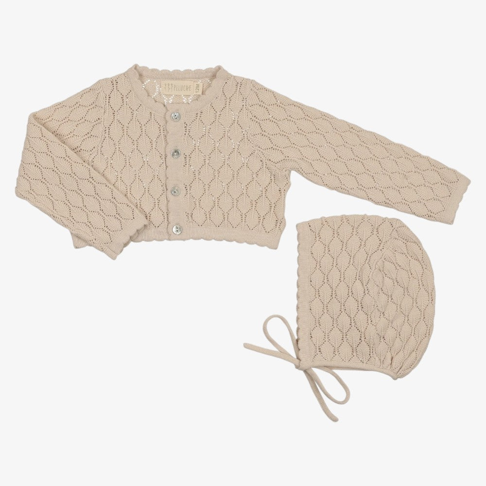 Pointelle Cropped Cardigan With Bonnet - Stone