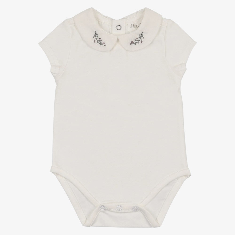 Embroidered Collar Onesie Short Sleeve - Cream & Olive