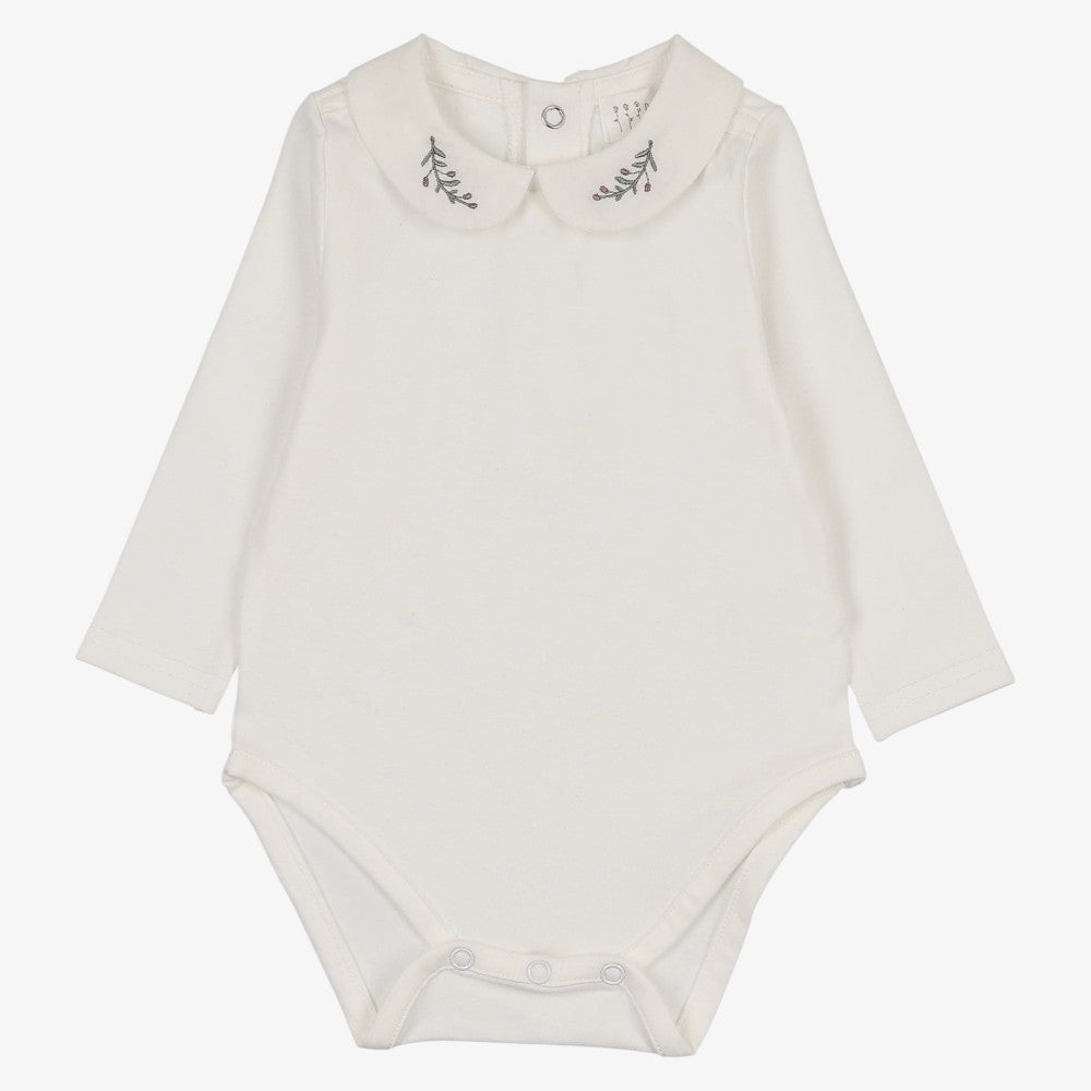 Embroidered Collar Onesie Long Sleeve - Cream & Olive