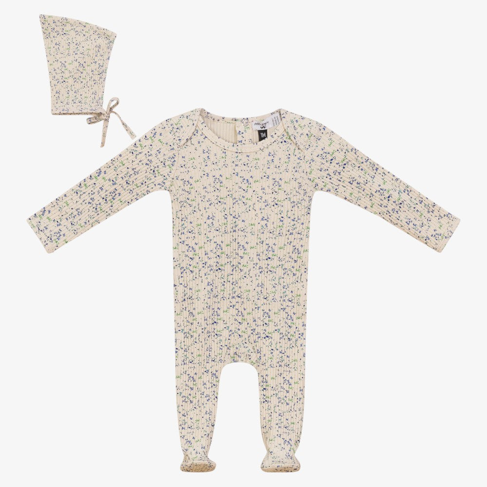 Floral Footie And Hat - Blue Taupe