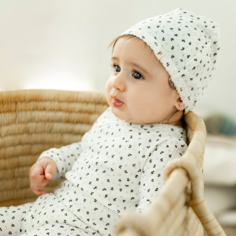 Floral Footie And Hat - White Black