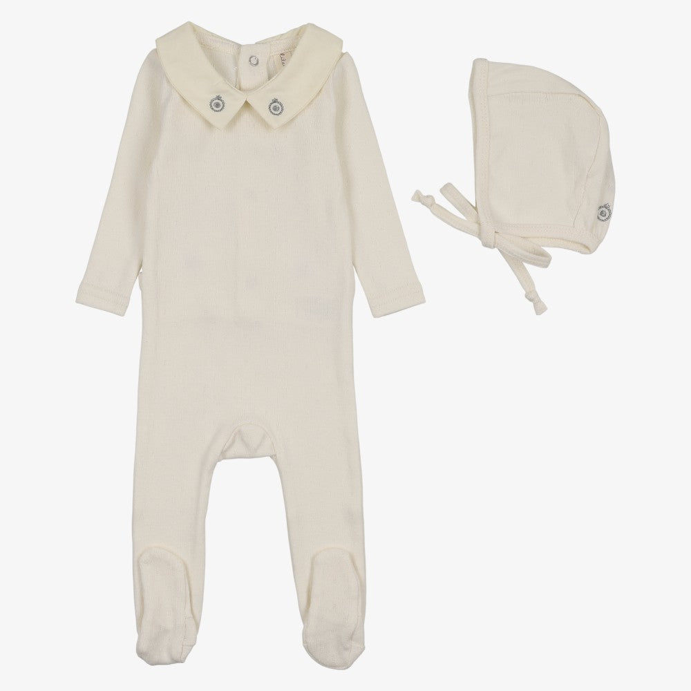 Sweetheart Collar Footie And Hat - Cream & Blue