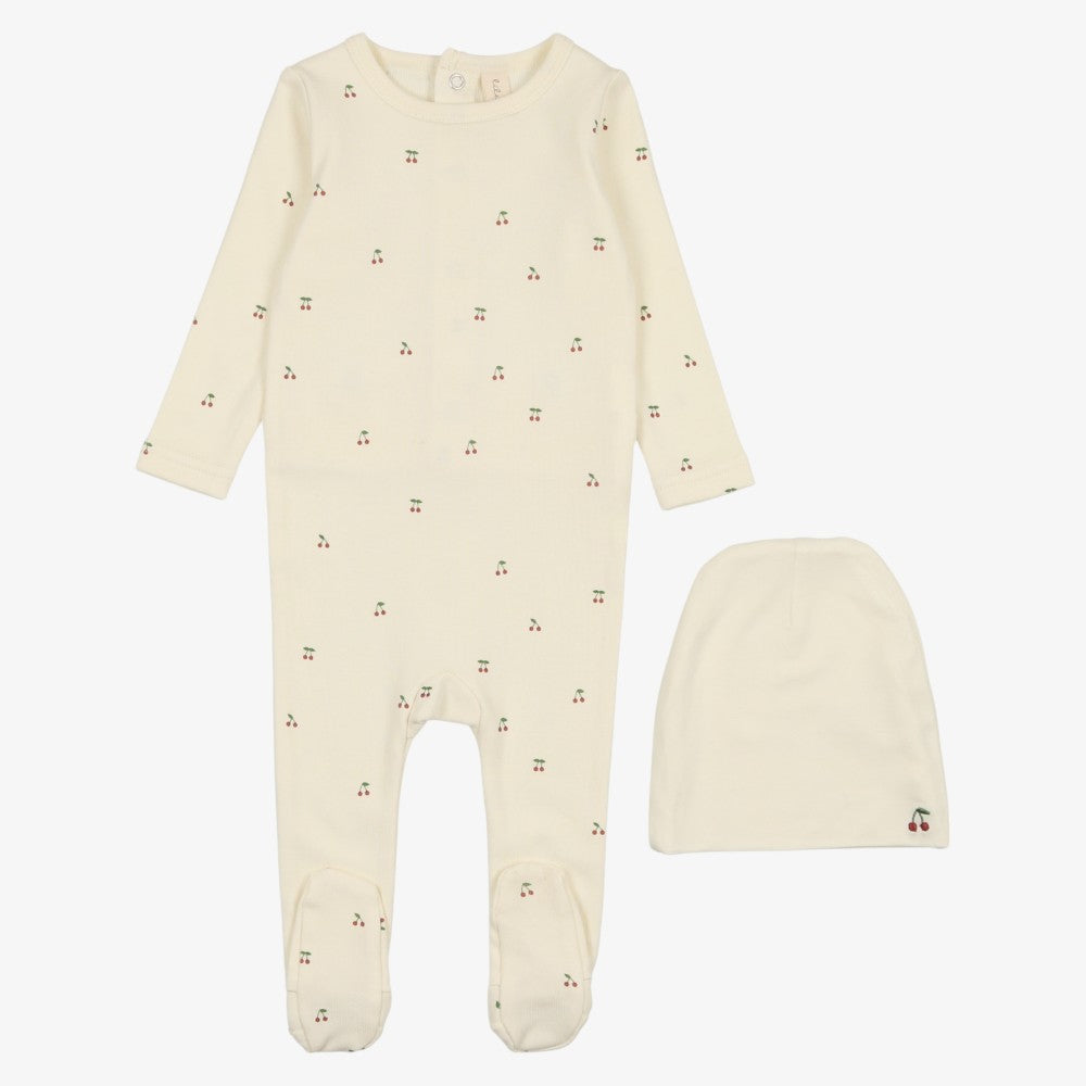 Scattered Cherry Footie And Hat - Ivory&red