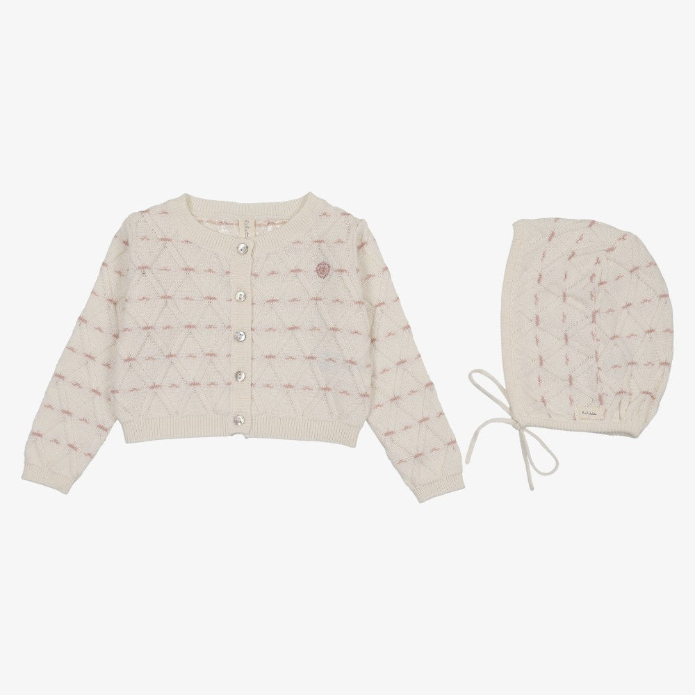 Sweetheart Knit Cardigan And Hat - Cream & Dusty Pink