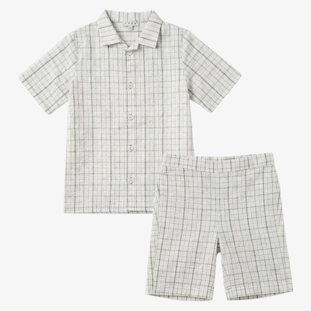 Plaid Shirt And Shorts - Cream & Green