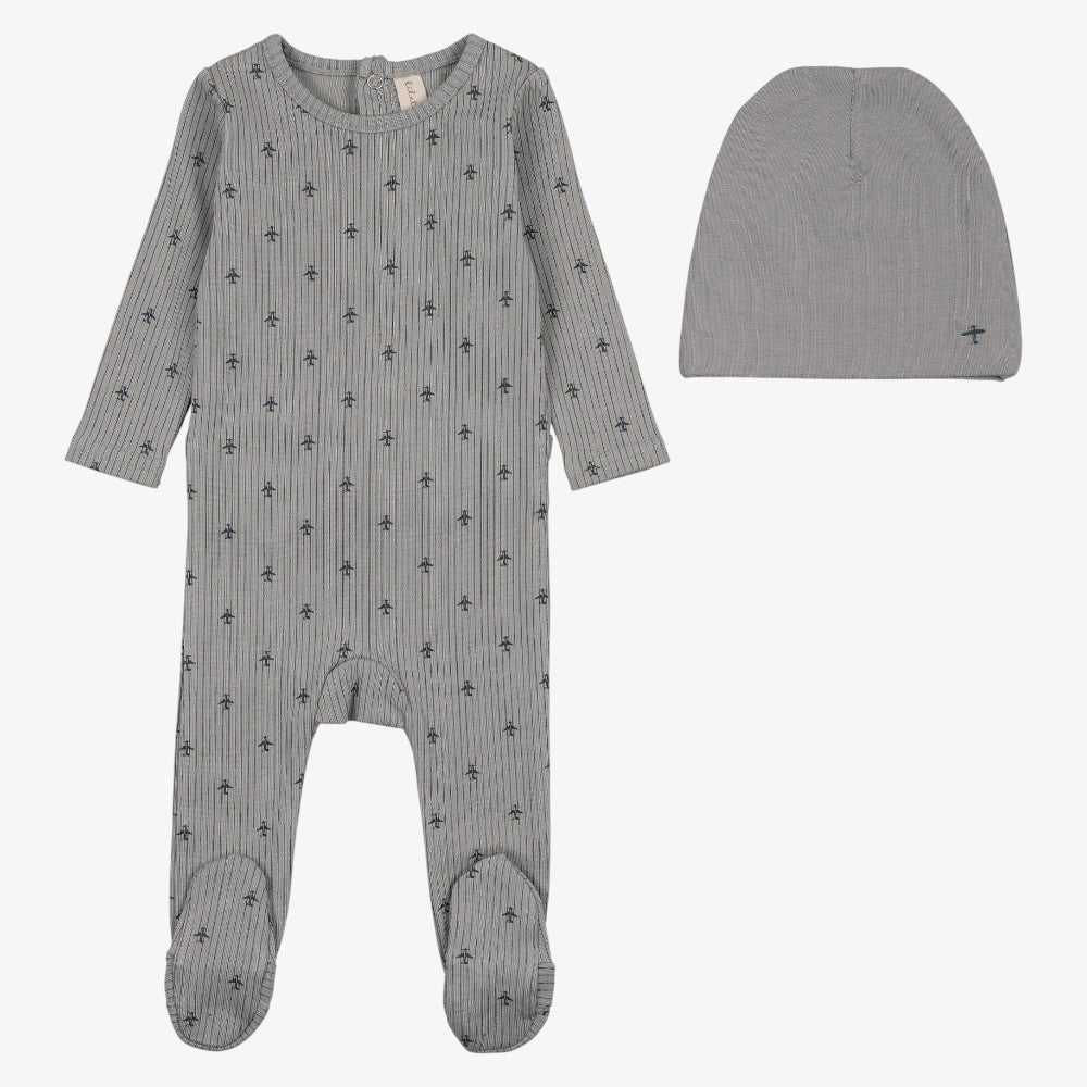 Stripe Plane Footie And Hat - Light Blue & Navy