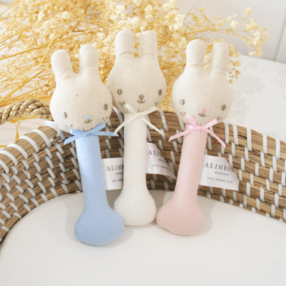 Linen Bunny Stick Rattle - Blue