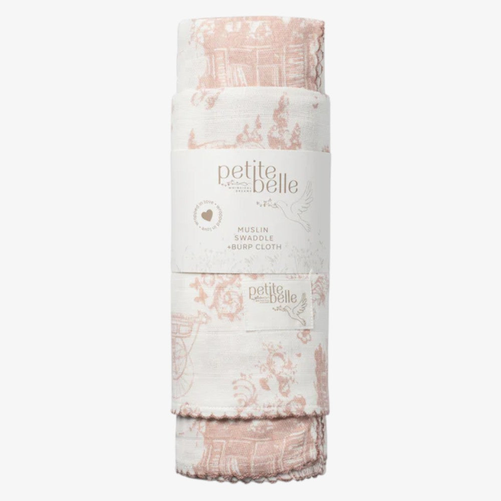 Swaddle And Burp Cloth Set - Toile Pink