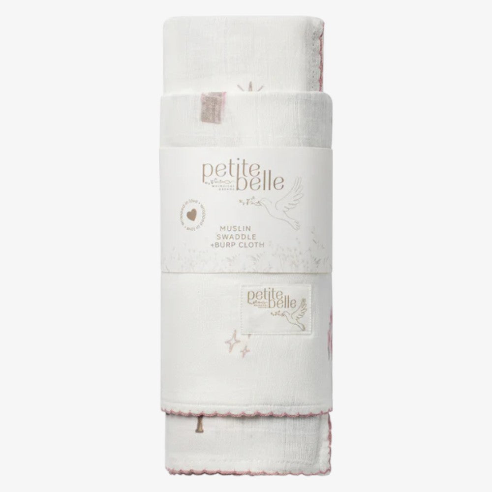 Swaddle And Burp Cloth Set - Mauve Carousel