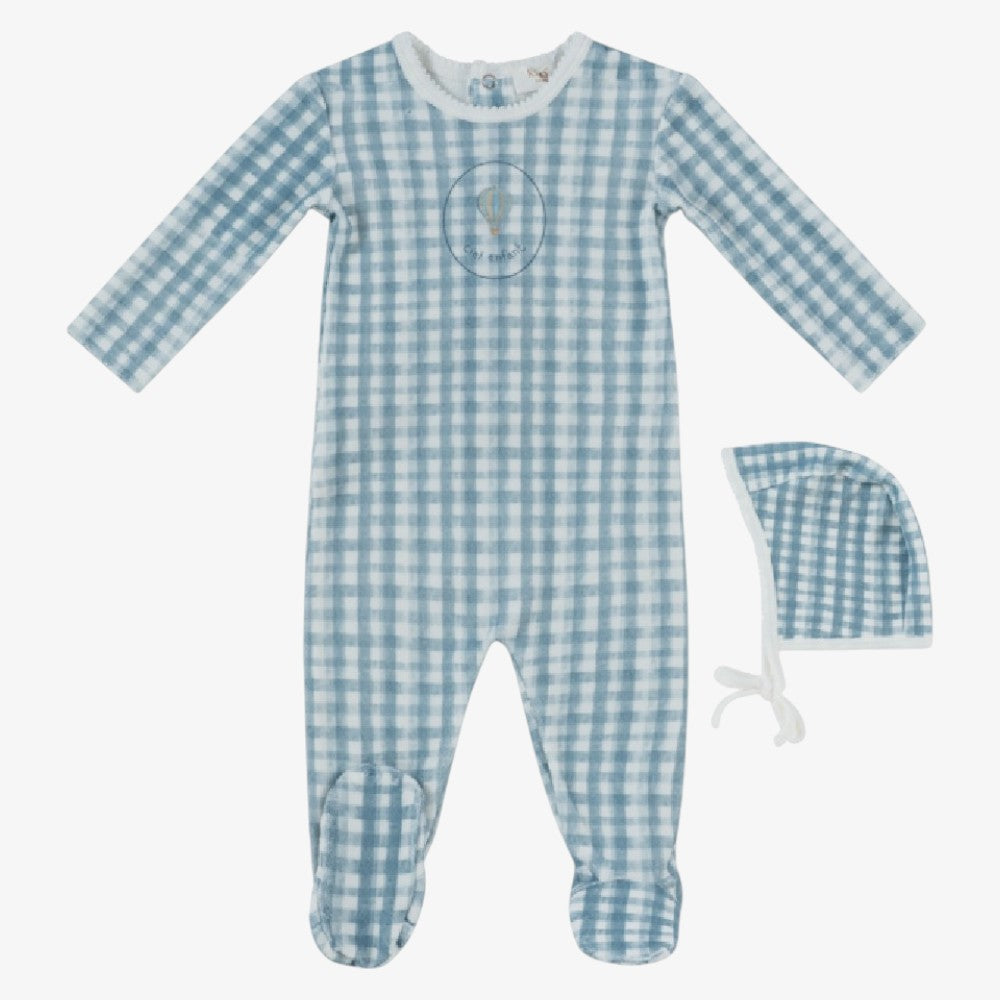 Gingham Footie And Hat - Blue