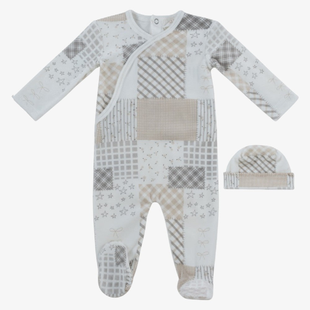 Patchwork Footie And Hat - Stone