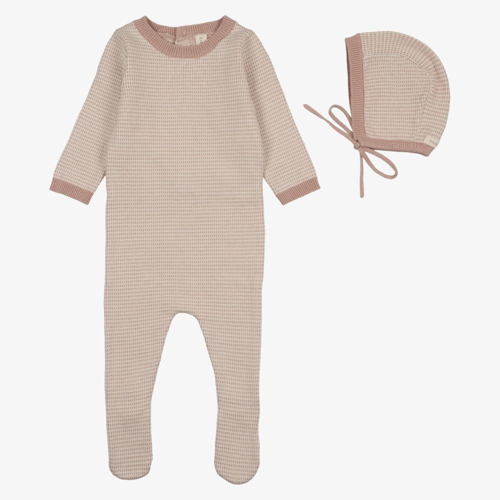 Two Tone Knit Footie And Hat - Dusty Pink