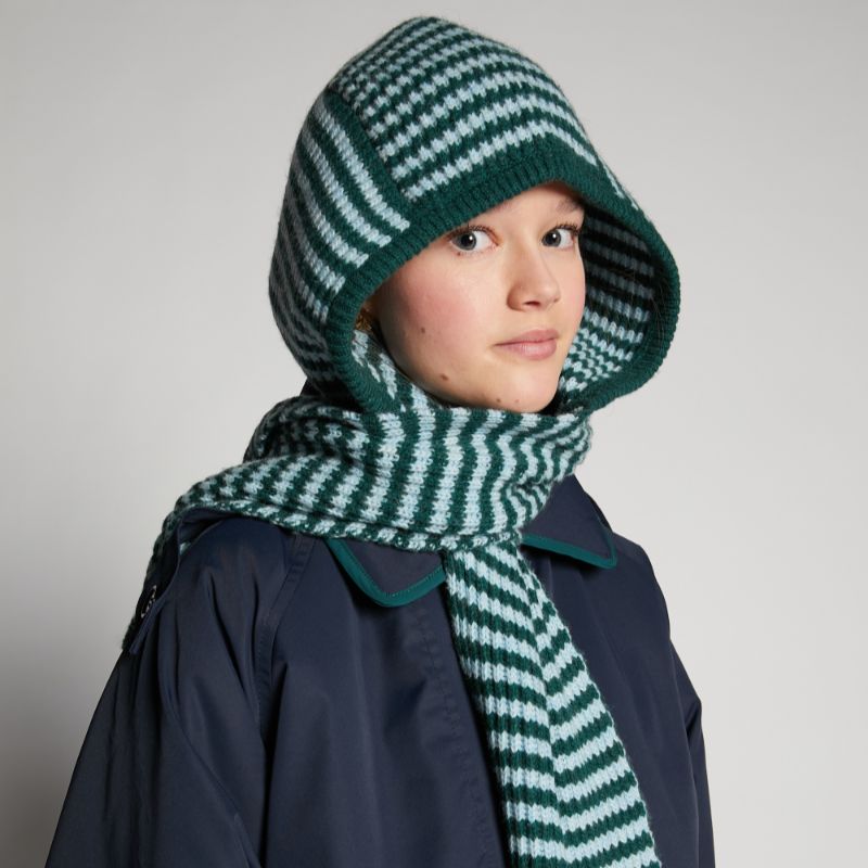 Striped Scarf With Hood - Green