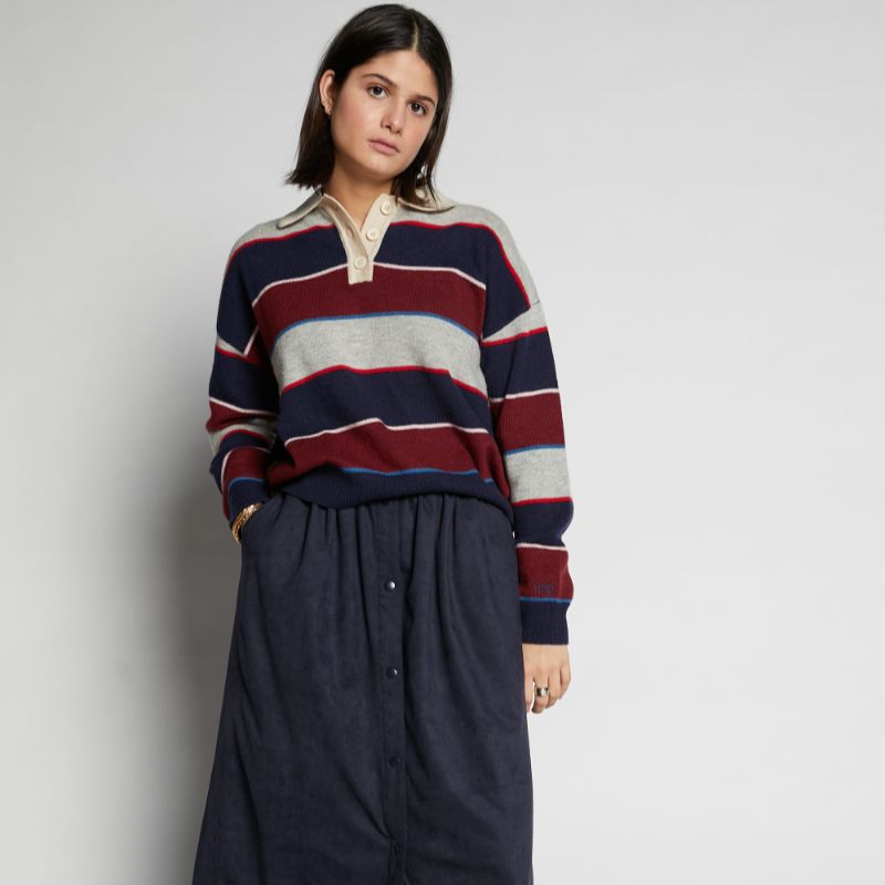 Striped Polo Sweater - Navy
