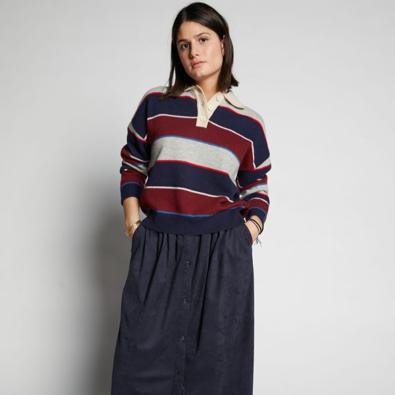 Striped Polo Sweater - Navy