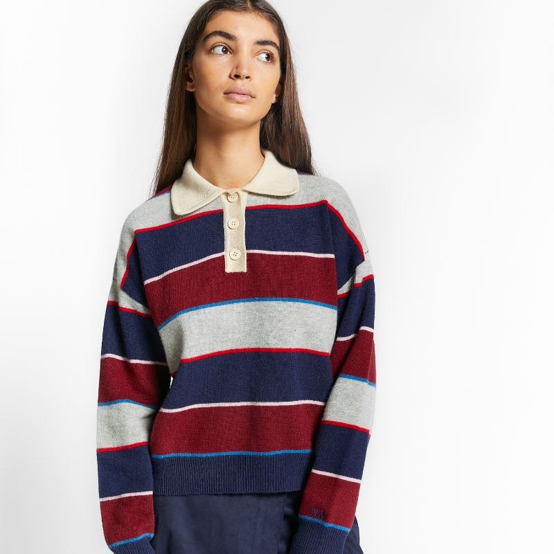 Striped Polo Sweater - Navy