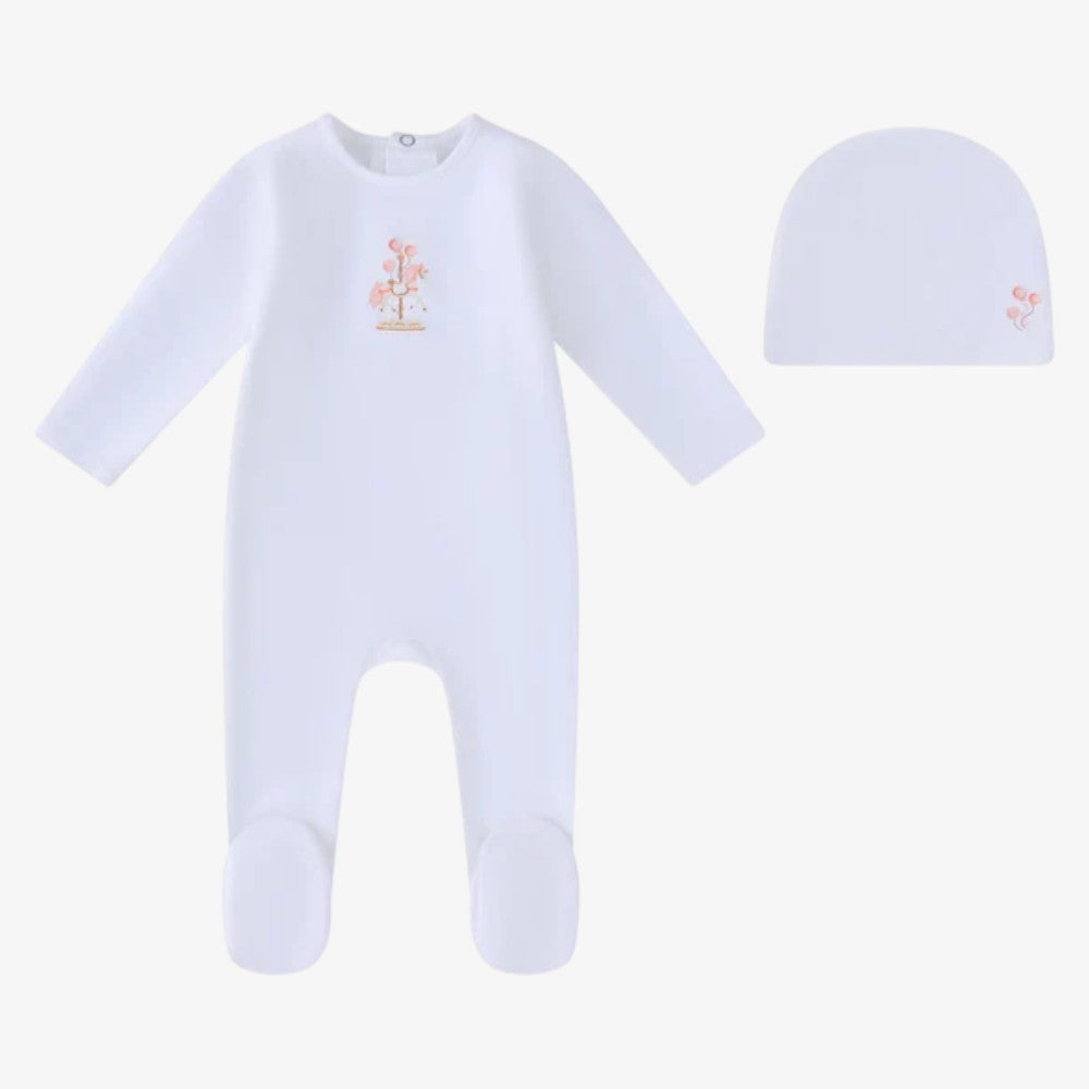 Carousel Footie And Hat - White & Pink