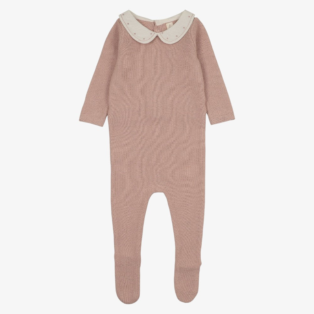Embroidered Knit Footie And Bonnet - DUSTY CREAM & PINK
