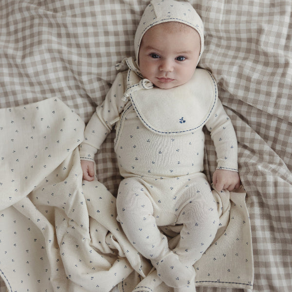 Cherry Pointelle Bib - Cream & Blue