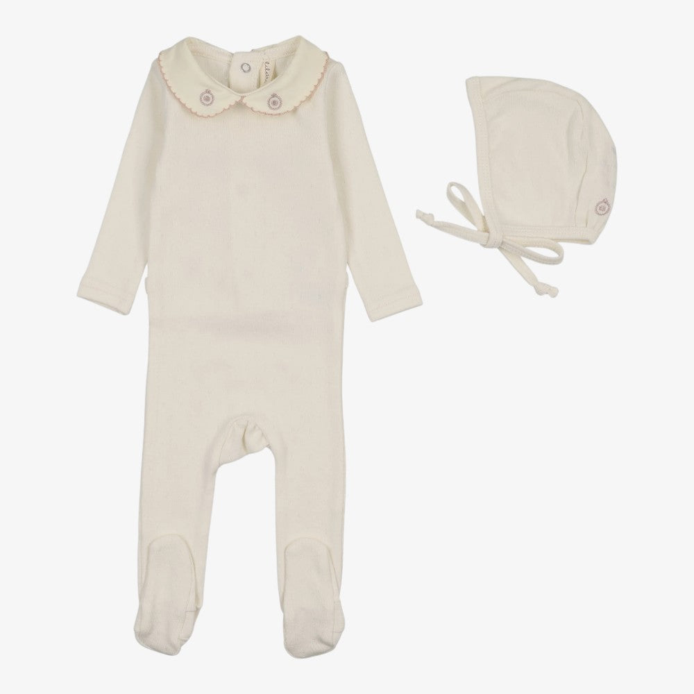 Sweetheart Collar Footie And Hat - Cream & Pink