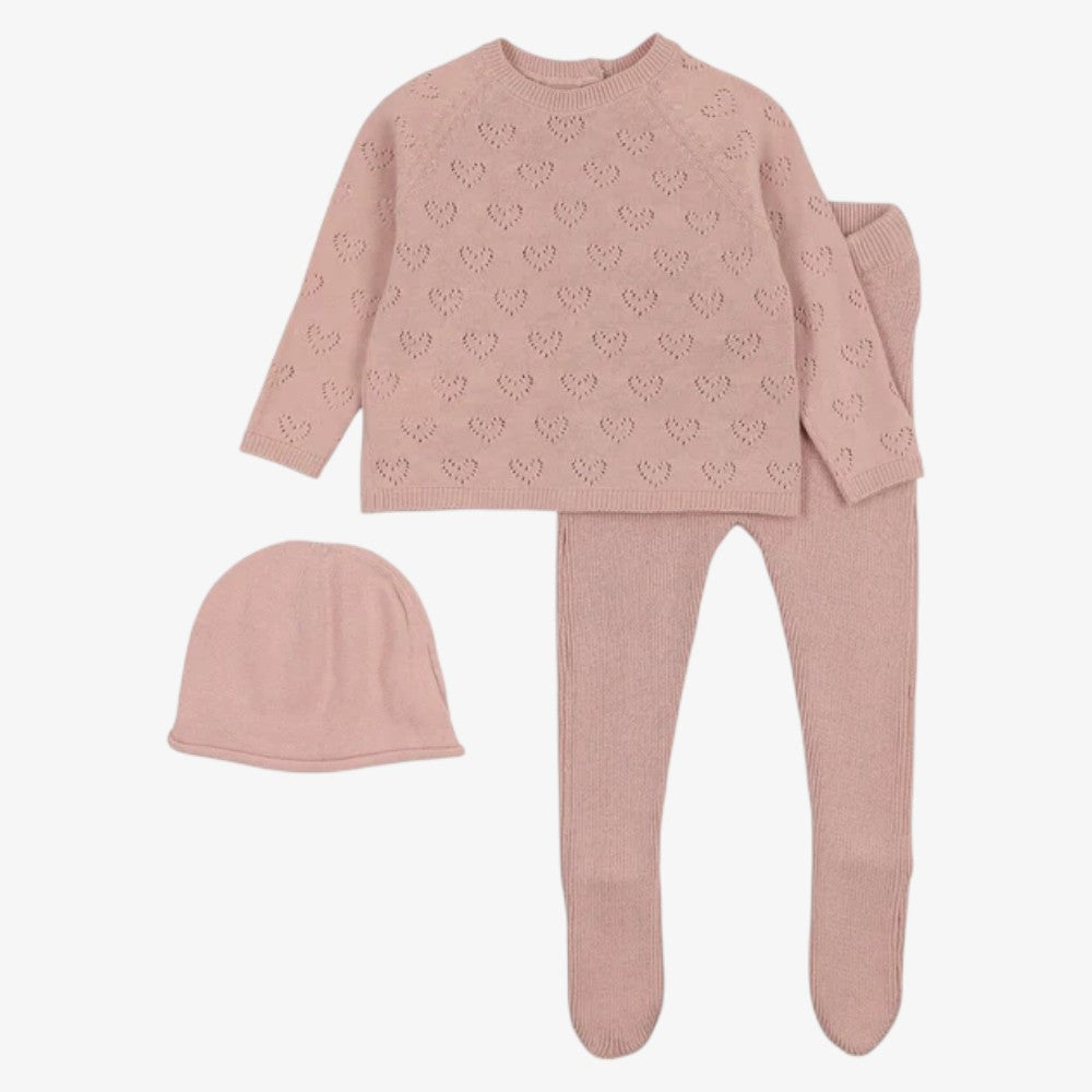 Heart Pointelle 3 Piece Set - Peach Dust