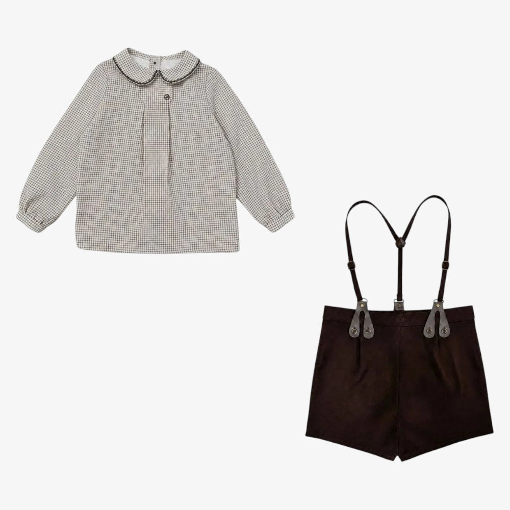 Chekered Romper And Shirt - Brown