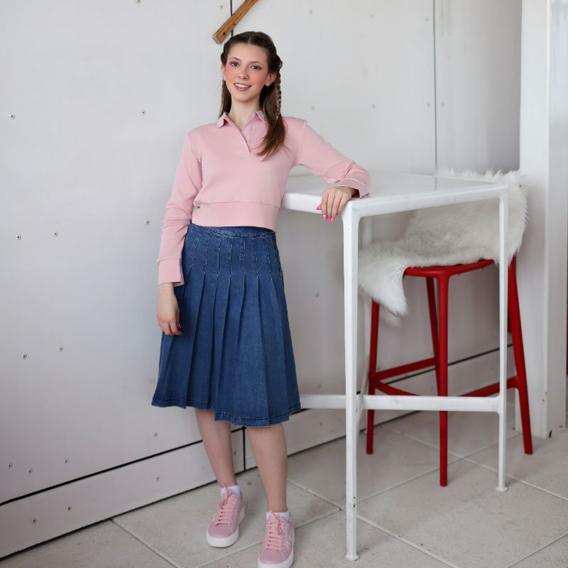 Pleated Denim Skirt - Blue Denim