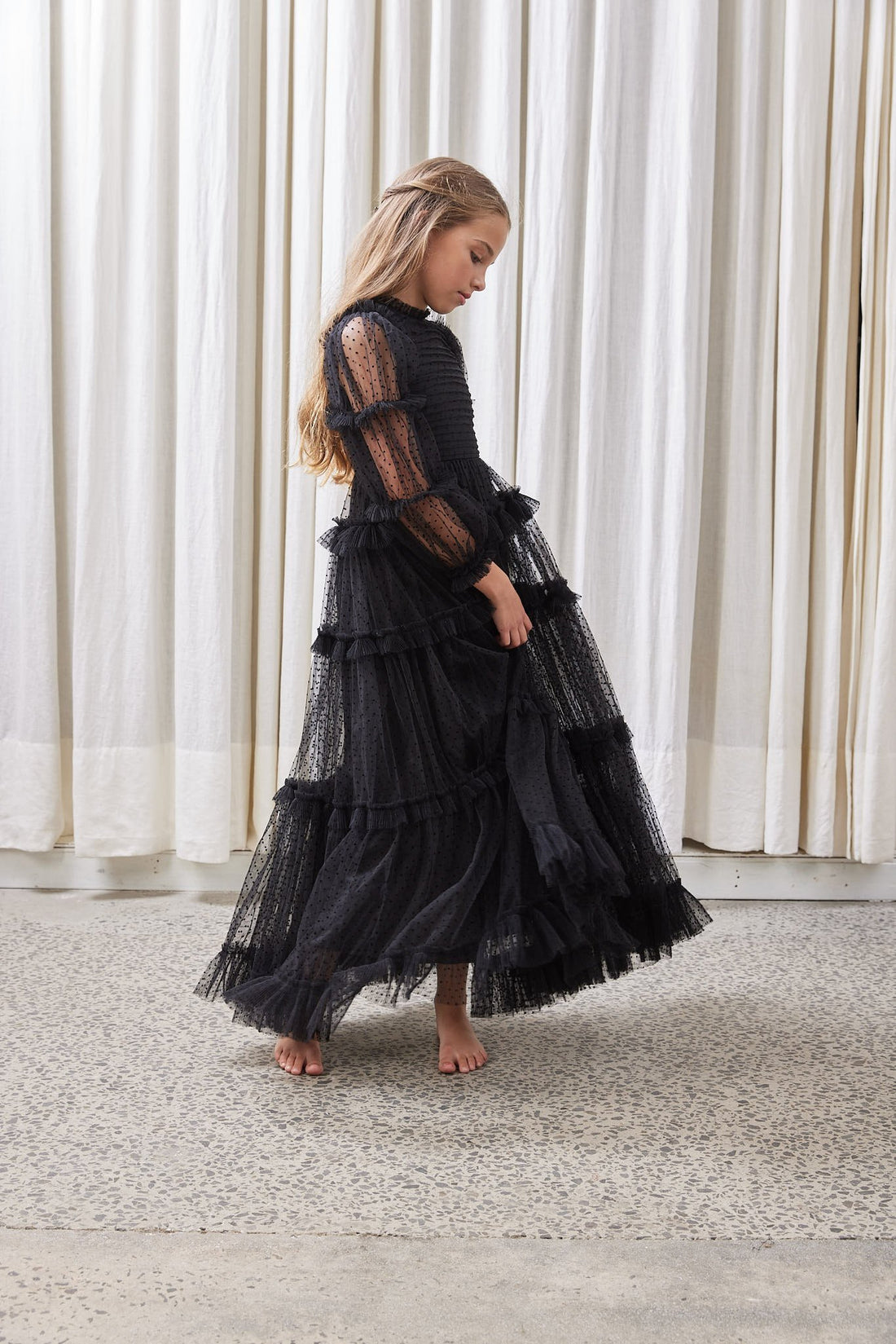 Tulle Pleated Frill Dress - Black