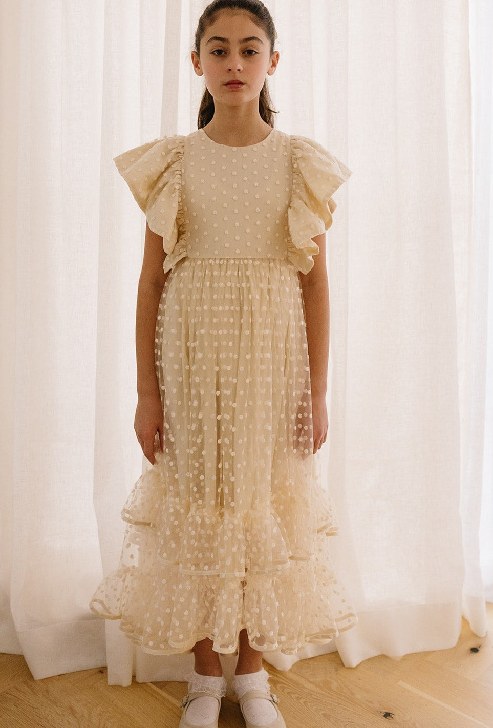 Embroidered Flower Bud Tulle Dress - White