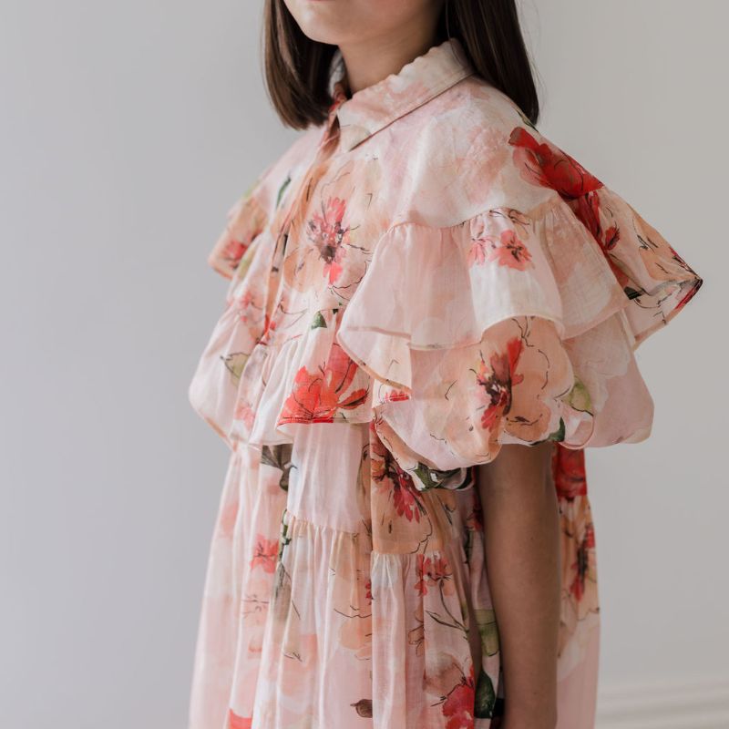 Linen Collar Dress - Peach Peony