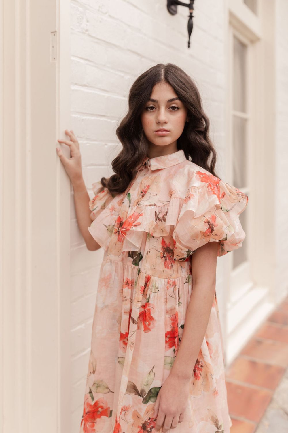 Linen Collar Dress - Peach Peony