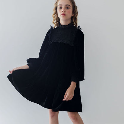 Shirred Organza Velvet Dress - Black