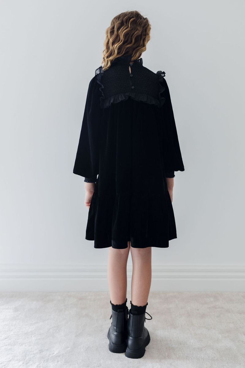 Shirred Organza Velvet Dress - Black