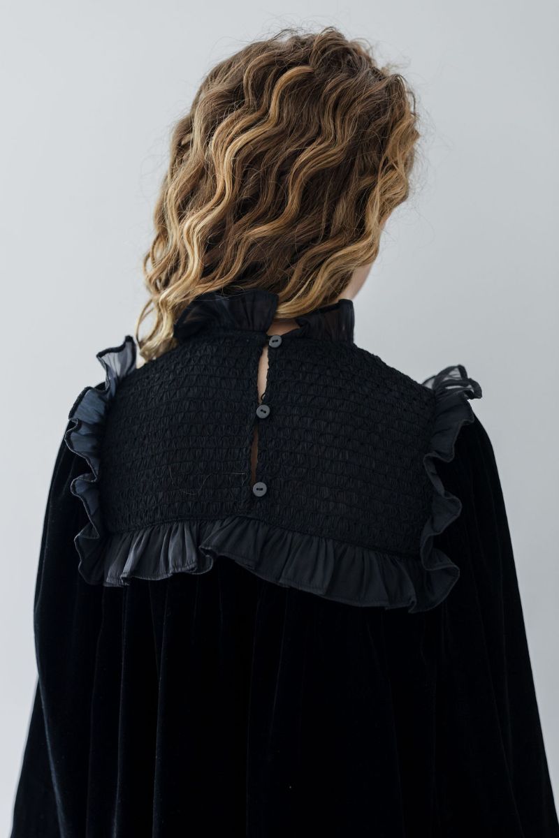 Shirred Organza Velvet Dress - Black
