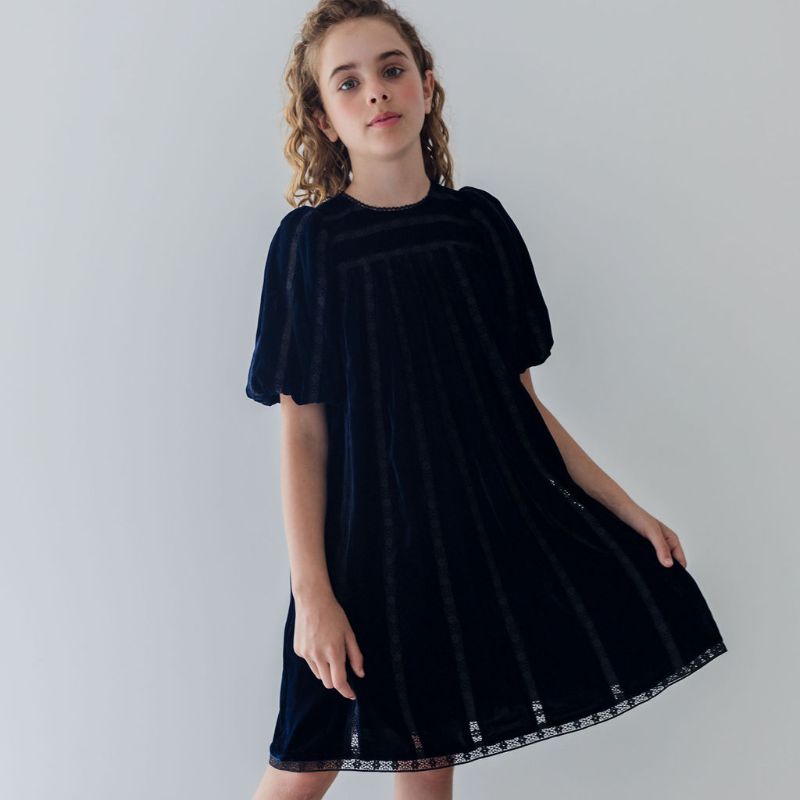Vertical Lace Velvet Dress - Navy &amp; Black