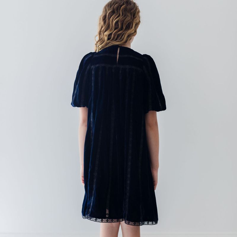 Vertical Lace Velvet Dress - Navy &amp; Black