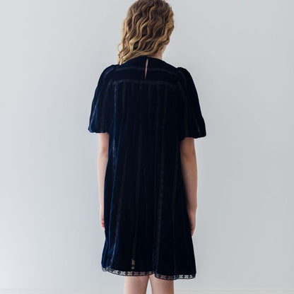 Vertical Lace Velvet Dress - Navy &amp; Black