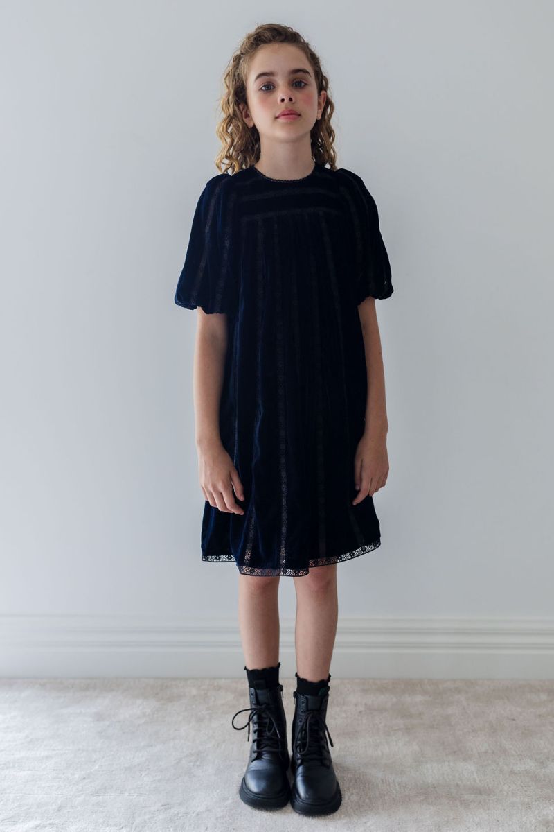 Vertical Lace Velvet Dress - Navy &amp; Black