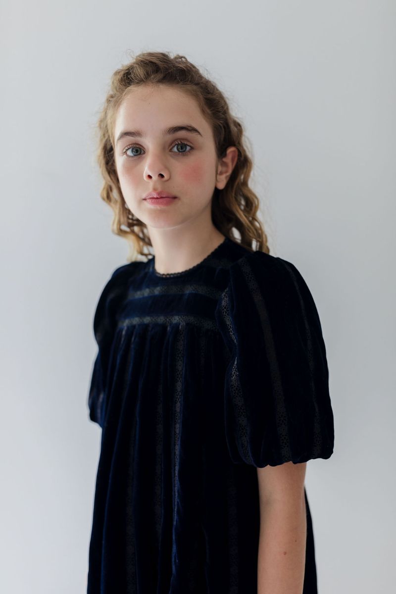 Vertical Lace Velvet Dress - Navy &amp; Black