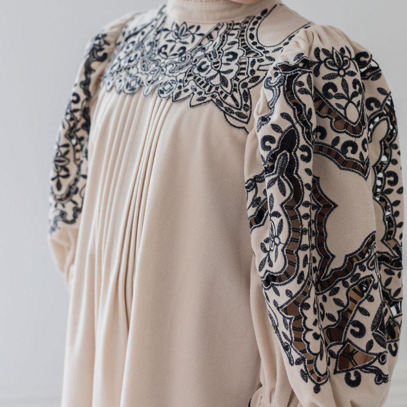 Embroidered Smock Dress - Nougat &amp; Black
