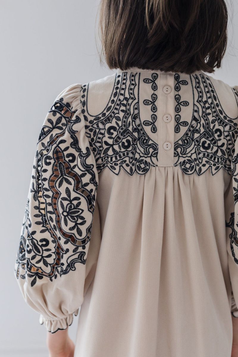 Embroidered Smock Dress - Nougat &amp; Black