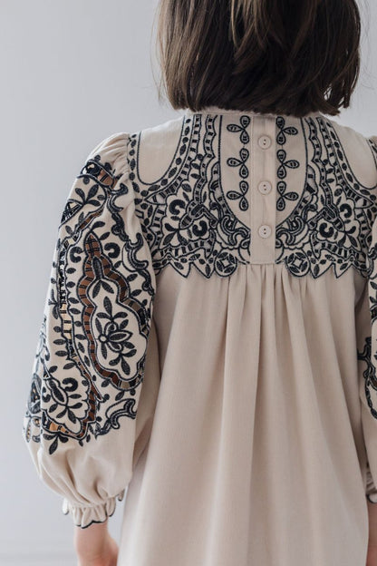 Embroidered Smock Dress - Nougat &amp; Black