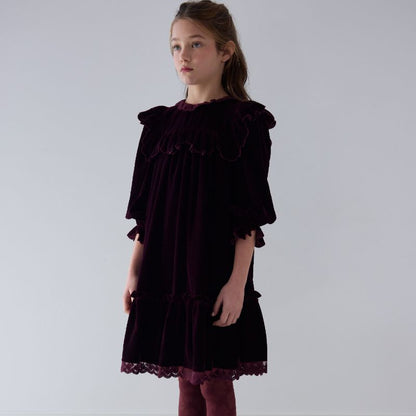 Lace Trim Velvet Dress - Dark Cherry