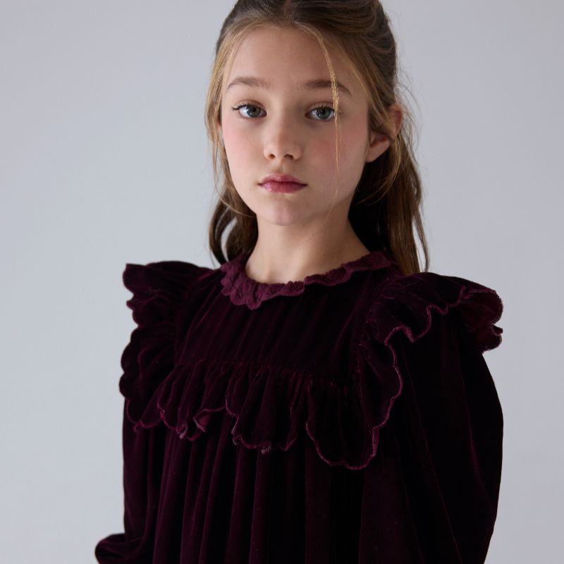 Lace Trim Velvet Dress - Dark Cherry