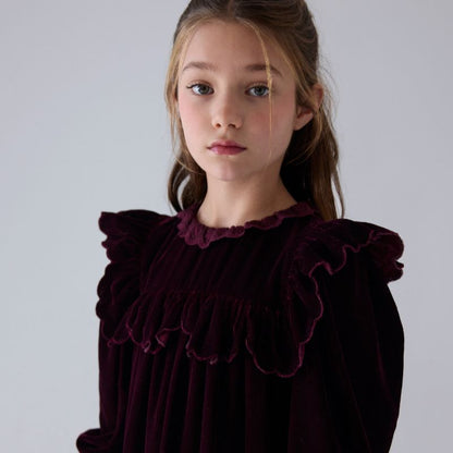 Lace Trim Velvet Dress - Dark Cherry