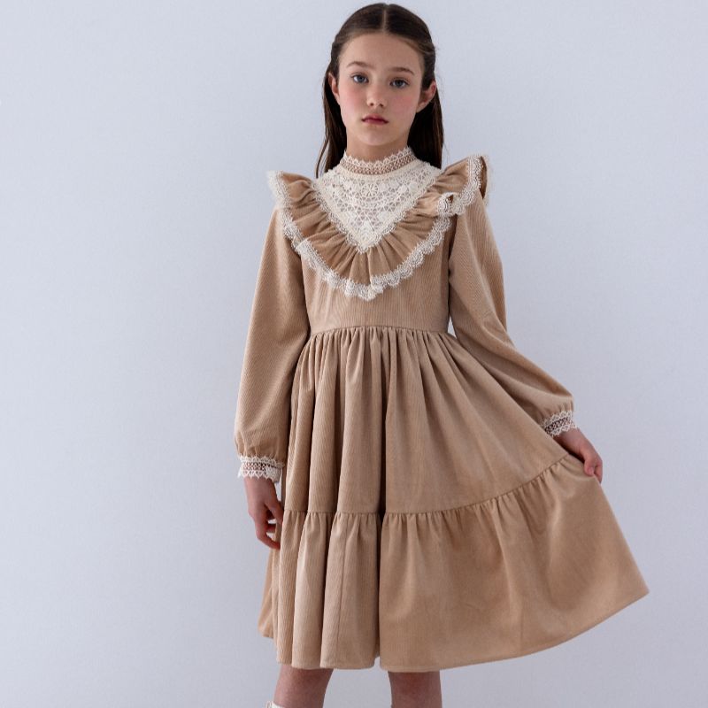 Lace Yoke Cord Dress - Toffee