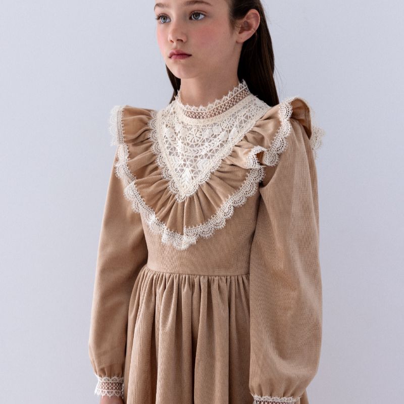 Lace Yoke Cord Dress - Toffee